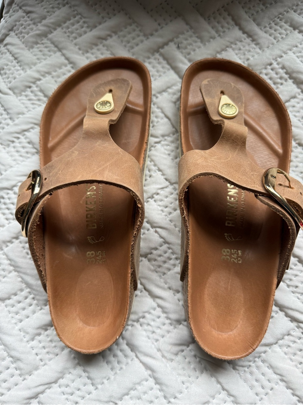 Birkenstock Big Buckle Tan Leather Slide Sandals with Gold Buckles - Picture 2 of 8